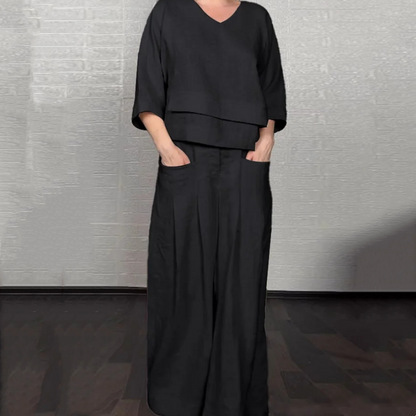 🌈Tvådelat casual set för kvinnor, bomull och linne med oregelbunden fåll och korta ärmar