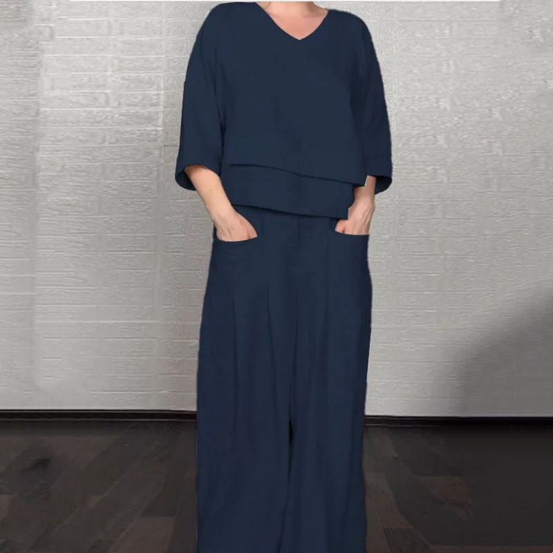 🌈Tvådelat casual set för kvinnor, bomull och linne med oregelbunden fåll och korta ärmar