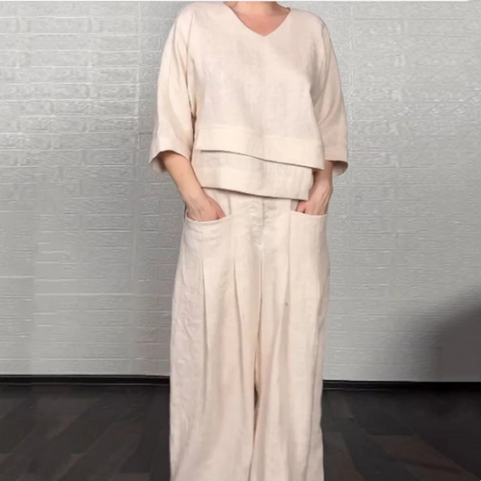 🌈Tvådelat casual set för kvinnor, bomull och linne med oregelbunden fåll och korta ärmar