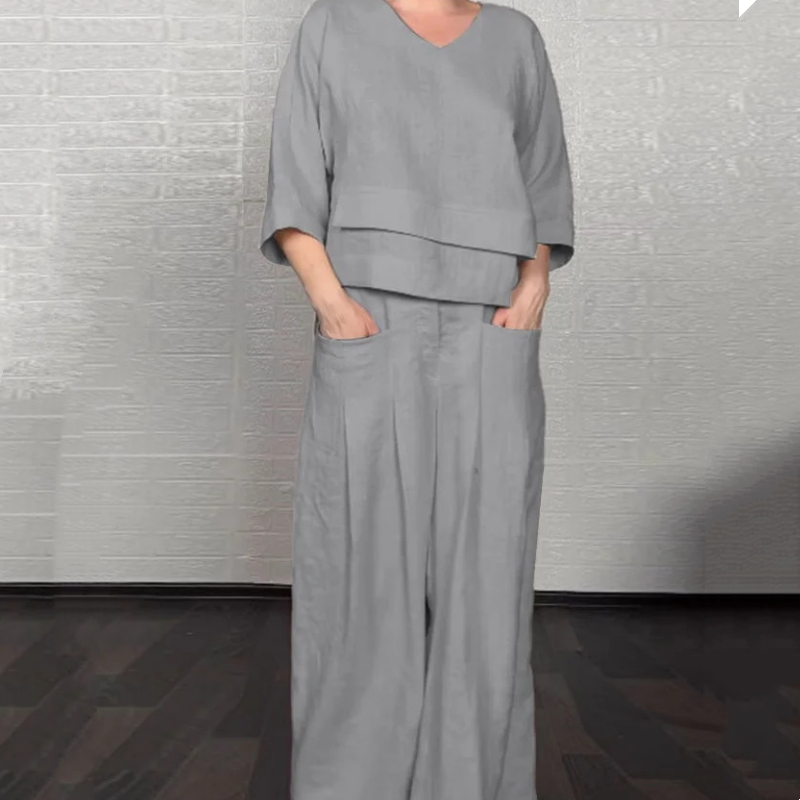 🌈Tvådelat casual set för kvinnor, bomull och linne med oregelbunden fåll och korta ärmar