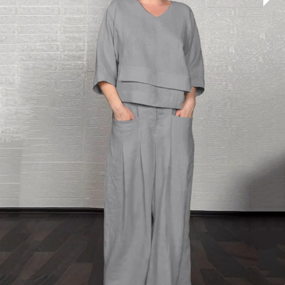 🌈Tvådelat casual set för kvinnor, bomull och linne med oregelbunden fåll och korta ärmar