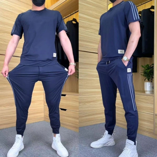 2-Delat Set med Kortärmad Topp och Joggingbyxor med Hög Stretch för Män