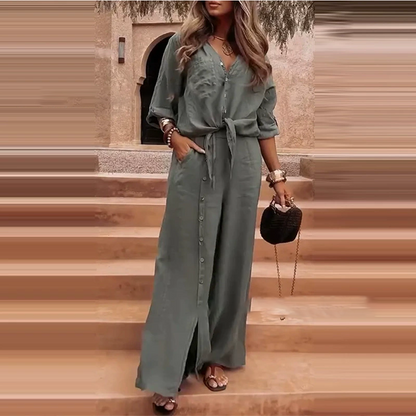 🔥🎁Nyhet 57 % RABATT🔥🌸 Elegant enfärgat tvådelat set i bomull och linne för damer