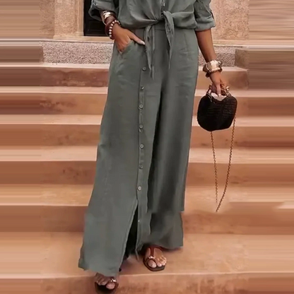 🔥🎁Nyhet 57 % RABATT🔥🌸 Elegant enfärgat tvådelat set i bomull och linne för damer