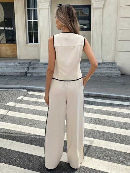 Tvådelat set för kvinnor med kontrastbindning Sleeveless Tank & byxor med dragsko i midjan