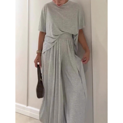 Damset med kortärmad topp och vida byxor i enfärgat tyg