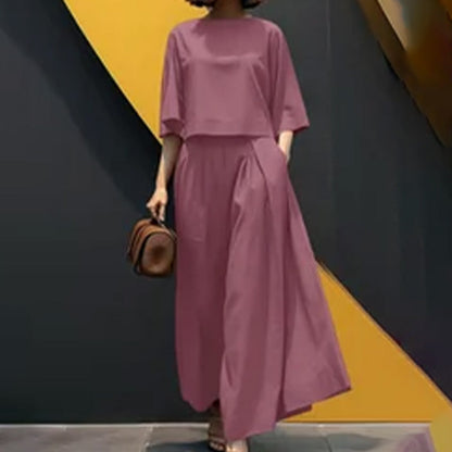 💯Det bekvämaste tvådelade setet för kvinnor med rund hals, trekvartsärmar och lösa byxor