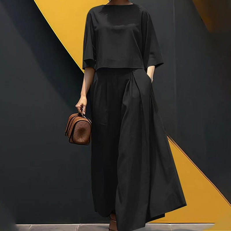 💯Det bekvämaste tvådelade setet för kvinnor med rund hals, trekvartsärmar och lösa byxor