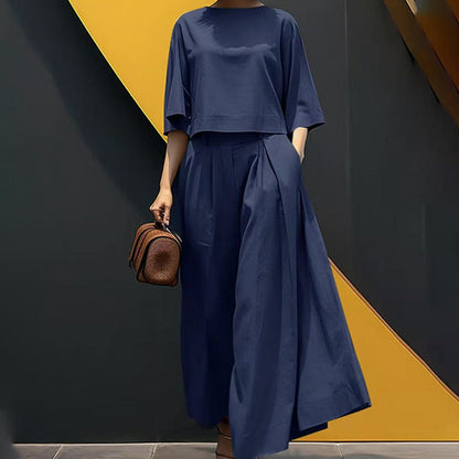 💯Det bekvämaste tvådelade setet för kvinnor med rund hals, trekvartsärmar och lösa byxor