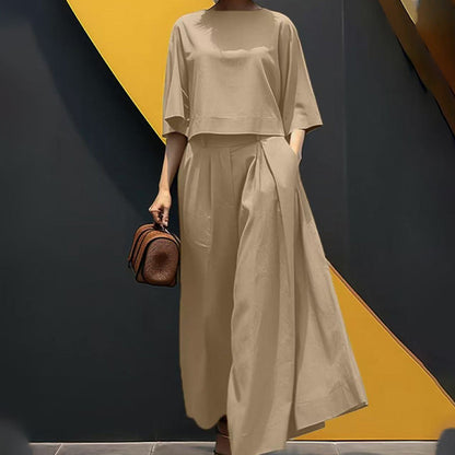 💯Det bekvämaste tvådelade setet för kvinnor med rund hals, trekvartsärmar och lösa byxor