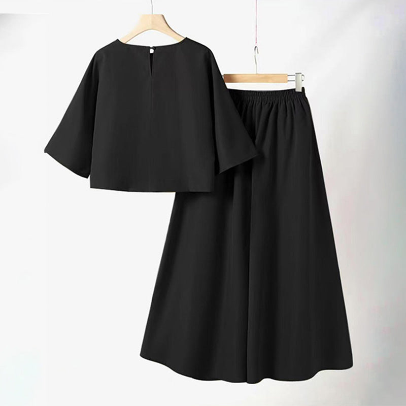 💯Det bekvämaste tvådelade setet för kvinnor med rund hals, trekvartsärmar och lösa byxor