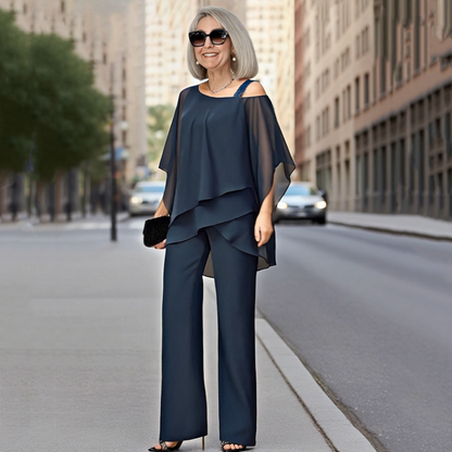 ⏳Begränsad tid 50 % Rabatt⏰Oregelbundna chiffongtoppar för kvinnor ＆ vidbyxor 2-delars set👚👖