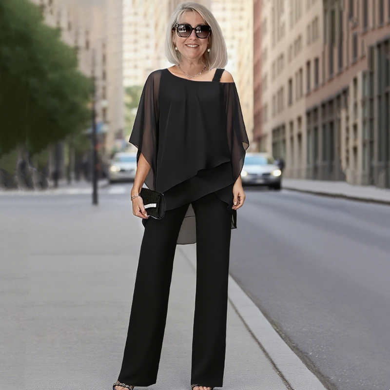 ⏳Begränsad tid 50 % Rabatt⏰Oregelbundna chiffongtoppar för kvinnor ＆ vidbyxor 2-delars set👚👖