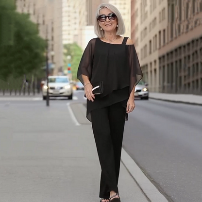 ⏳Begränsad tid 50 % Rabatt⏰Oregelbundna chiffongtoppar för kvinnor ＆ vidbyxor 2-delars set👚👖