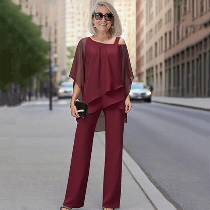 ⏳Begränsad tid 50 % Rabatt⏰Oregelbundna chiffongtoppar för kvinnor ＆ vidbyxor 2-delars set👚👖