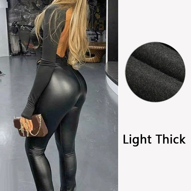 Dam leggings i tjockt läder med hög midja