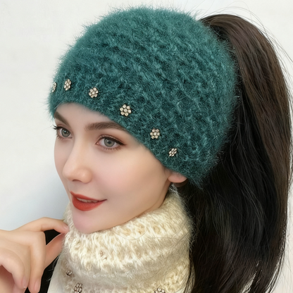 Stickat pannband för kvinnor med blommiga detaljer