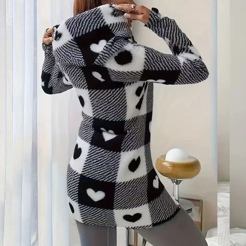 Damjacka med huva och dragkedja i rutmönster