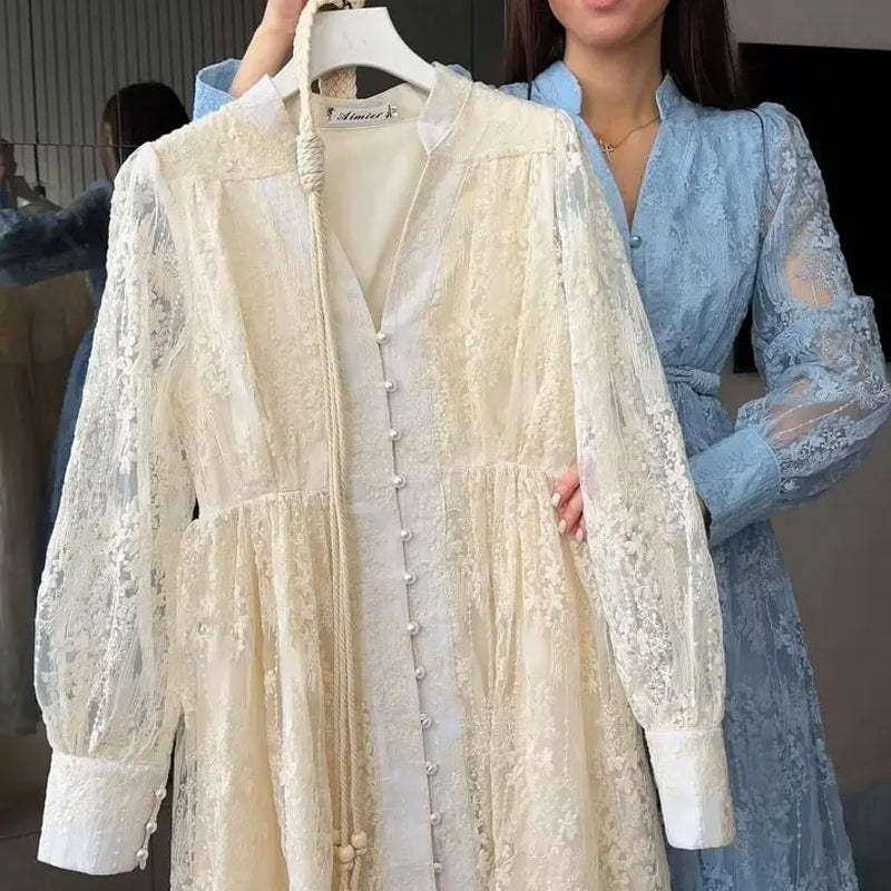 💥Hett tips💥57% OFF✨✨Vintage broderad klänning med lanternärmar