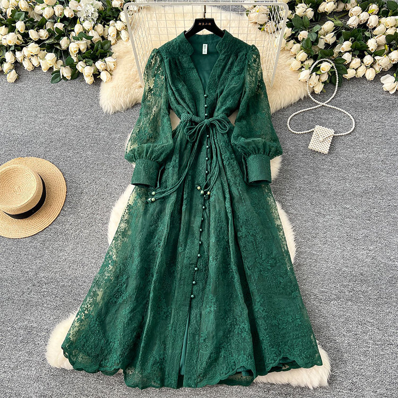 💥Hett tips💥57% OFF✨✨Vintage broderad klänning med lanternärmar