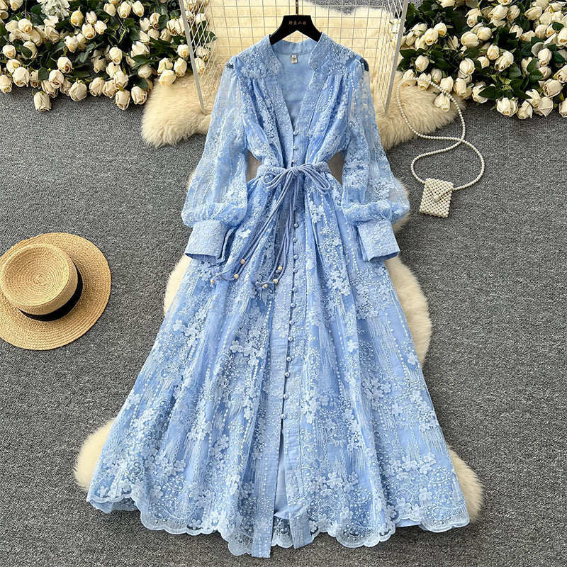 💥Hett tips💥57% OFF✨✨Vintage broderad klänning med lanternärmar