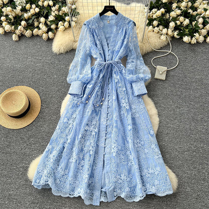 💥Hett tips💥57% OFF✨✨Vintage broderad klänning med lanternärmar