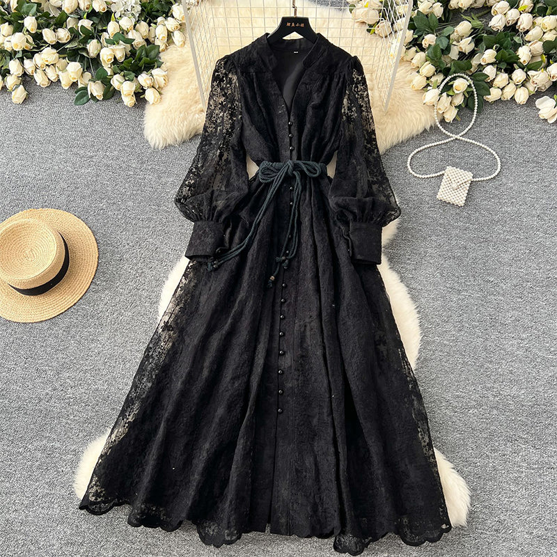 💥Hett tips💥57% OFF✨✨Vintage broderad klänning med lanternärmar