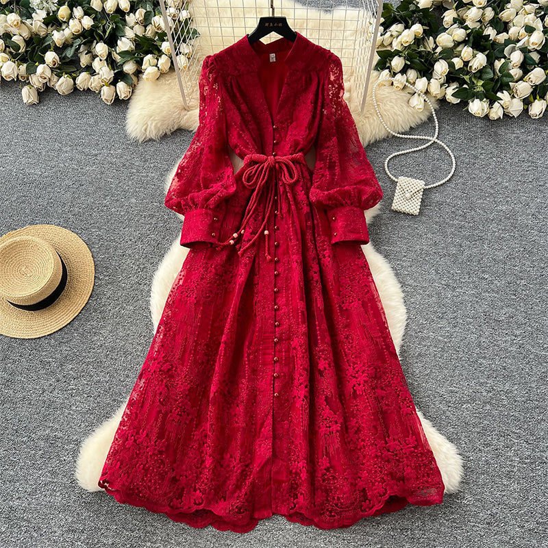 💥Hett tips💥57% OFF✨✨Vintage broderad klänning med lanternärmar