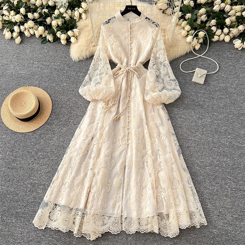 💥Hett tips💥57% OFF✨✨Vintage broderad klänning med lanternärmar