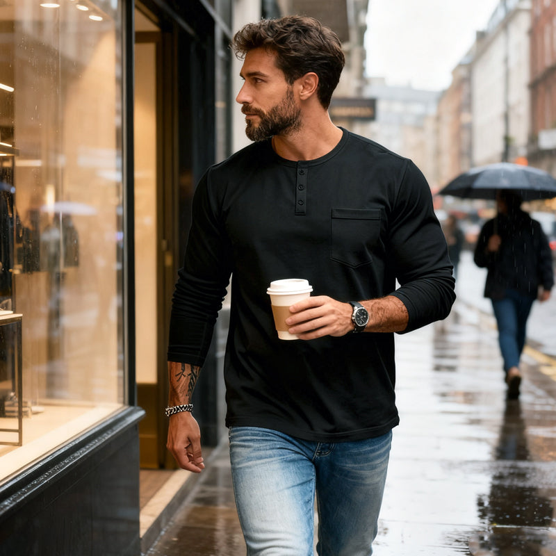 😎Nyhet🔥Slim Fit Henley långärmad T-shirt för herr