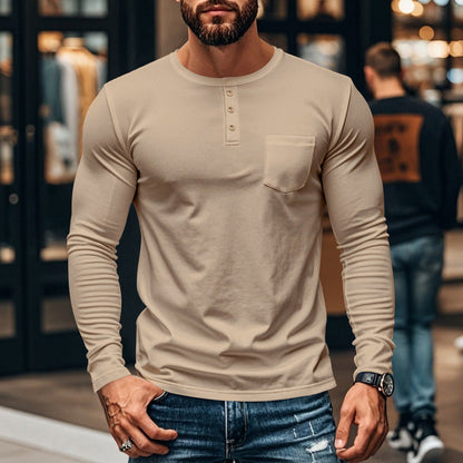 😎Nyhet🔥Slim Fit Henley långärmad T-shirt för herr
