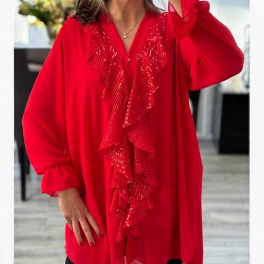 👚 60 % RABATT NU! ✨ Damtop i chiffong med V-ringning och paljetter – långa ärmar, elegant glans och perfekt för kvällstillfällen 🌙