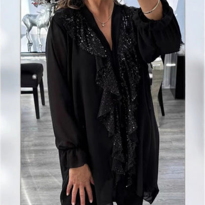 👚 60 % RABATT NU! ✨ Damtop i chiffong med V-ringning och paljetter – långa ärmar, elegant glans och perfekt för kvällstillfällen 🌙