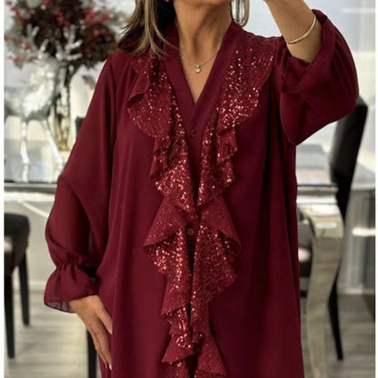 👚 60 % RABATT NU! ✨ Damtop i chiffong med V-ringning och paljetter – långa ärmar, elegant glans och perfekt för kvällstillfällen 🌙