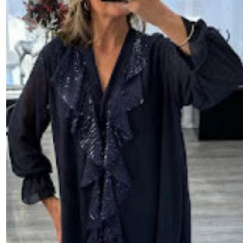 👚 60 % RABATT NU! ✨ Damtop i chiffong med V-ringning och paljetter – långa ärmar, elegant glans och perfekt för kvällstillfällen 🌙
