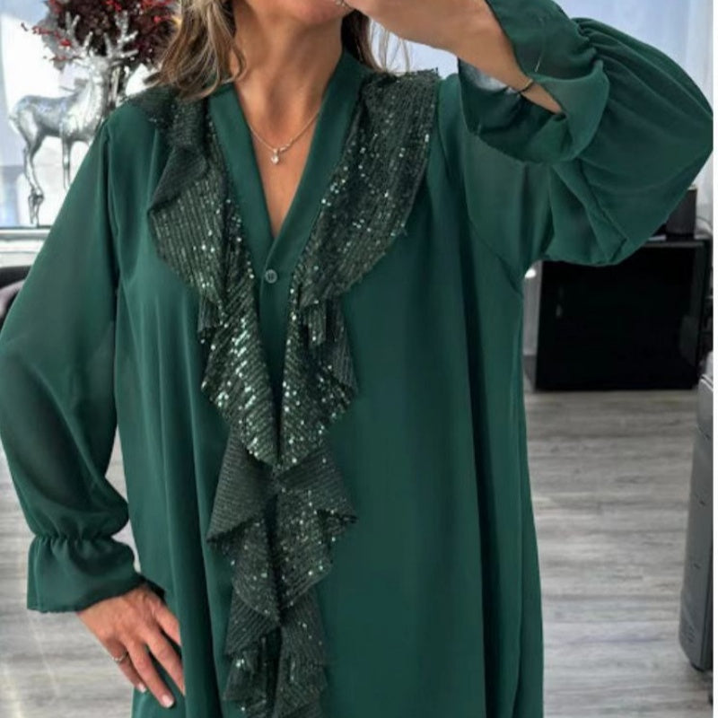 👚 60 % RABATT NU! ✨ Damtop i chiffong med V-ringning och paljetter – långa ärmar, elegant glans och perfekt för kvällstillfällen 🌙