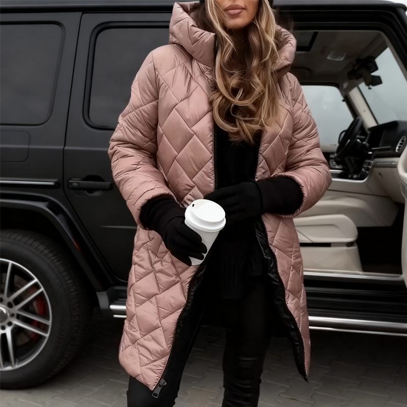 Lång quiltad puffjacka med huva för damer