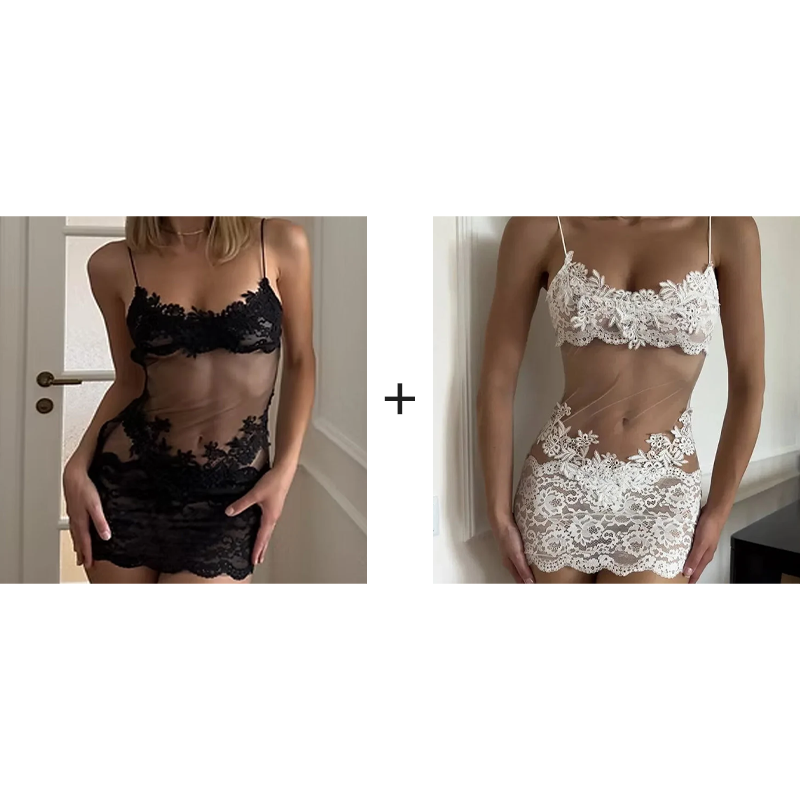 Sexig genomskinlig klänning i mesh med broderad spets