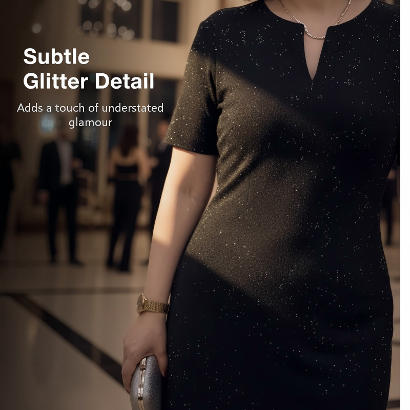 🧡Nyhet 🔥 Klassisk svart glitter V-ringning kortärmad klänning