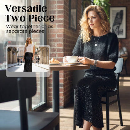 2-delat set med stickad topp och paljettkjol för damer