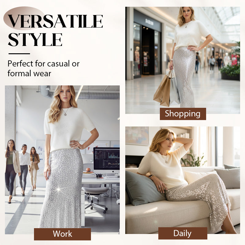 2-delat set med stickad topp och paljettkjol för damer