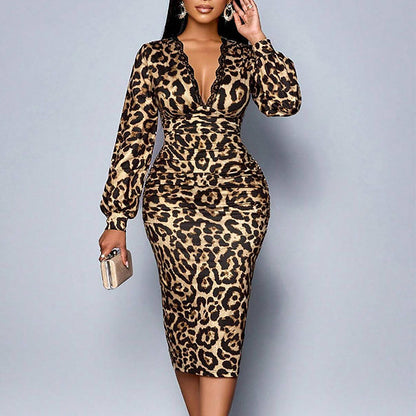 📢📢48 % RABATT!! ⏰Damekjole i blonde med leopardmønster, V-hals og lanterneermer, mellomlang