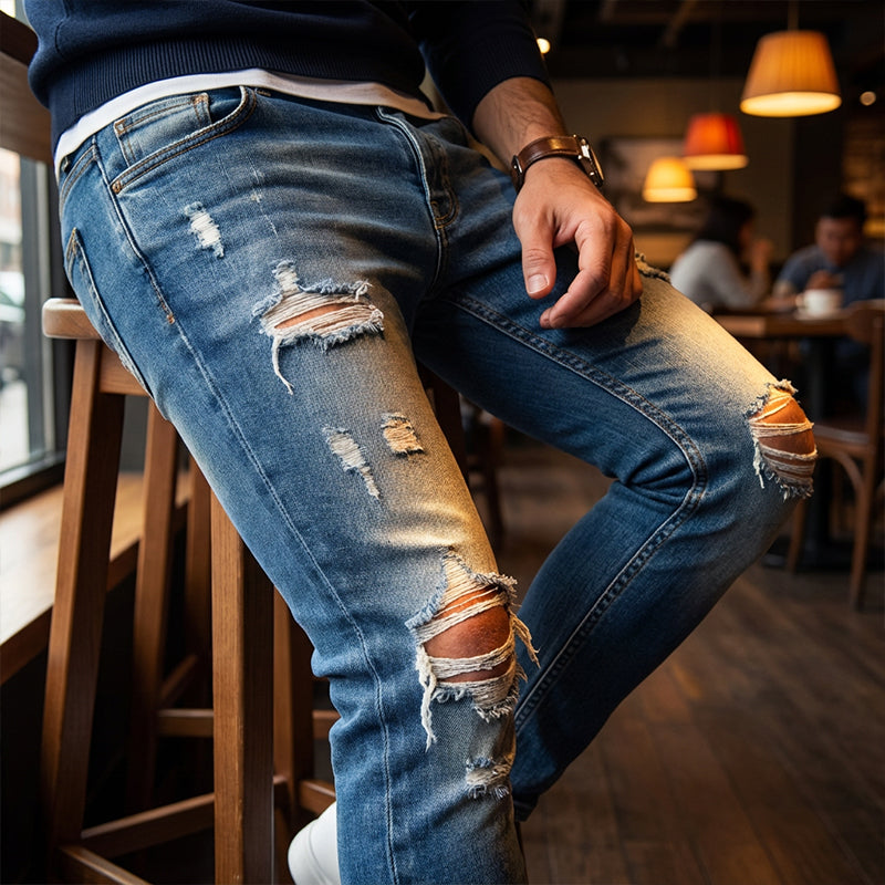 👖60% RABATT! 🔥 Snygga slitna skinny jeans för män – Slim Tapered Passform, Andningsbar Bomull och Eleganta Rivna Detaljer