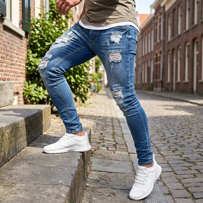 👖60% RABATT! 🔥 Snygga slitna skinny jeans för män – Slim Tapered Passform, Andningsbar Bomull och Eleganta Rivna Detaljer
