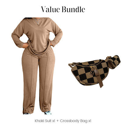 2-delat set med långärmad topp och byxor med vida ben för damer