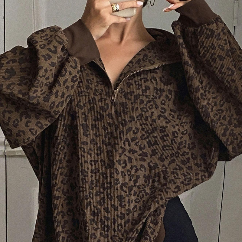 Damtröja med leopardmönster och halv dragkedja
