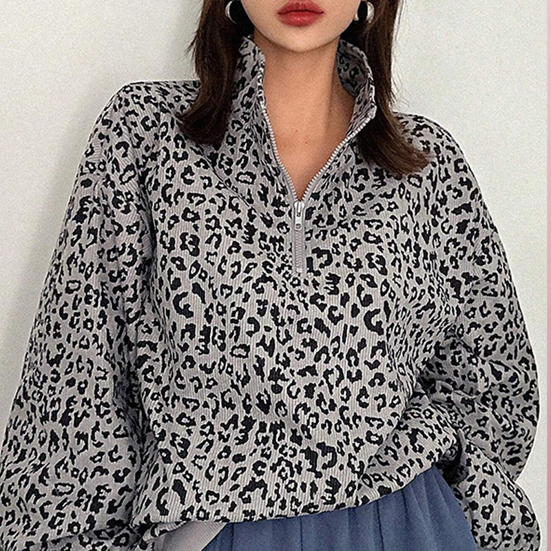 Damtröja med leopardmönster och halv dragkedja