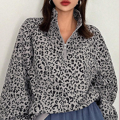 Damtröja med leopardmönster och halv dragkedja