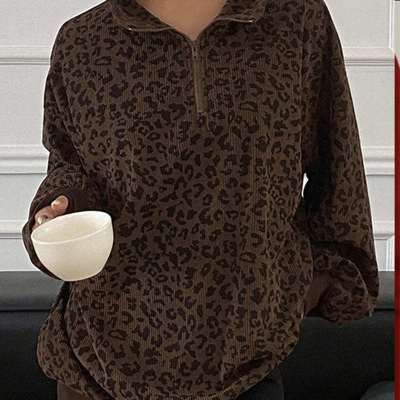 Damtröja med leopardmönster och halv dragkedja