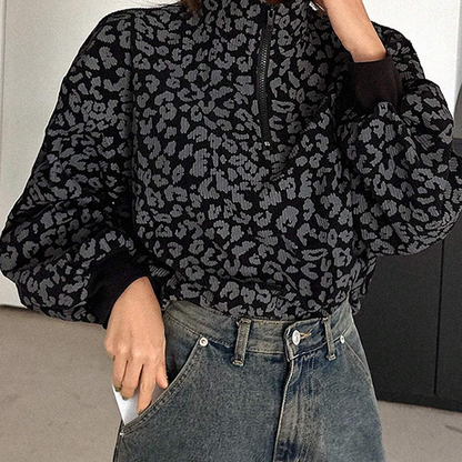 Damtröja med leopardmönster och halv dragkedja